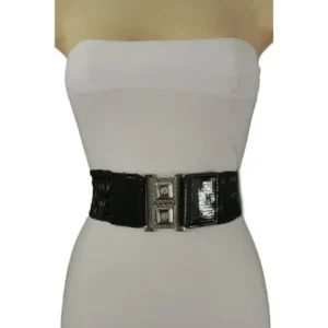 Women Black Elastic Beads Waistband Fashion Belt Hip Waist Silver Buckle S M L