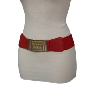 Women Red Waist Hip Stretch Fashion Plus Size Belt Gold Metal Buckle M L XL