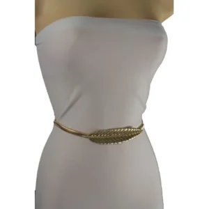 Women Hip High Waist Gold Metal Skinny Fashion Belt Elastic Band Long Leaf S M