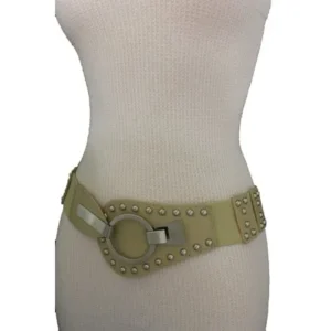 Women Beige Elastic Belt Hip High Waist Silver Hook Stud Buckle