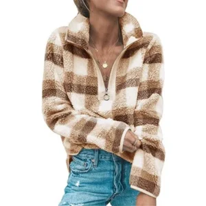 Women's Long Sleeve 1/4 Zip Up Lapel Fleece Sweatshirt Warm Plaid Fluffy Hoodies Pullover