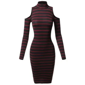 FashionOutfit Women's Casual Striped Long Sleeve Mock Neck Cut Off Shoulder Midi Dress