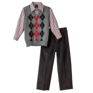 Van Heusen Boys 3-Piece Outfit Gray Argyle Sweater Vest Shirt & Corduroy Pants