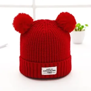 Fashion Baby Children Ball Cap Letter Warm Winter Hats Knitted Wool Hemming Red