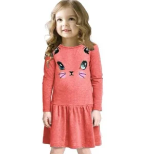 Hot Sale Fashion Baby Girls Clothing Little Kitten Cat Printed Solid Color Casual Children Kids Princess Dress