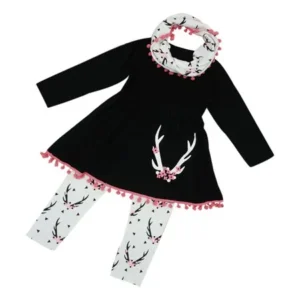 Hot Sale Fashion Girls Clothing Winter Deer Elk Antler Tunic Dress Printed Pants Scarf Tops+Bottoms+Neckerchief Outfits Three-piece Kids Children Merry Christmas Clothes Set