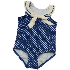 Hula Star Little Girls Navy Ivory Polka Dot Bow One Piece Swimsuit 4T/4