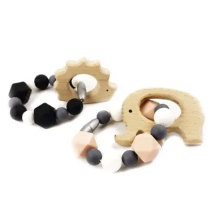 Mamimami Wood Animal Shaped Colorflu Silicone Beads White Baby Montessori Toy Newborn Baby Gift Teething Bracelet Baby Teether