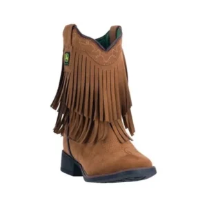 John Deere Western Boot Girls Kids Micro Fringe Broad Toe Brown JD2026