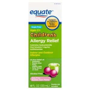 Equate Sugar Free Childrens Allergy Relief Certirizine Dye-Free Bubble Gum Suspension, 4 Oz