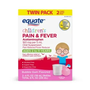 Equate Children's Pain Reliever & Fever Reducer Oral Suspension Liquid, Acetaminophen 160 mg per 5 mL, Bubble Gum Flavor 4 oz,2 Pack