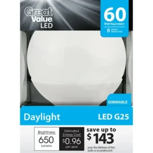 Great Value LED Light Bulb, 8W (60W Equivalent) G25 Lamp E26 Medium Base, Dimmable, Daylight