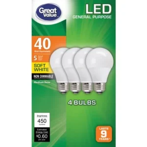 Great Value LED Light Bulbs, 5W (40W Equivalent), Soft White, 4-count