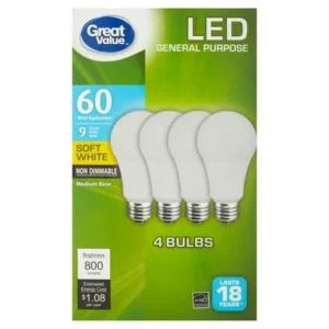 Great Value LED Light Bulb, 9W (60W Equivalent) A19 Lamp E26 Medium Base, Non-Dimmable, Soft White, 4-Pack