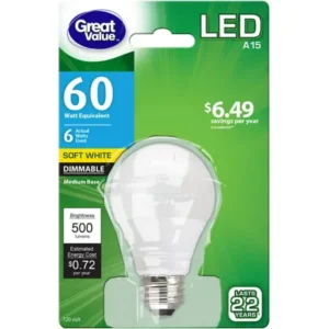 Great Value LED Light Bulb, 6W (60W Equivalent) A15 Lamp E26 Medium Base, Dimmable, Soft White