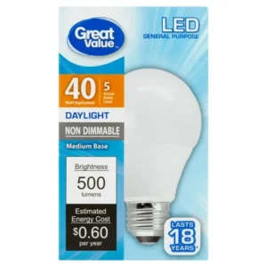 Great Value LED Light Bulb, 5W (40W Equivalent) A19 Lamp E26 Medium Base, Non-Dimmable, Daylight