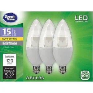 Great Value LED Light Bulb, 3W (15W Equivalent) B11 Decorative Lamp E12 Candelabra Base, Non-Dimmable, Soft White, 3-Pack