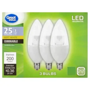 Great Value LED Dimmable Decorative (E12) Light Bulbs, 3W (25W Equivalent), Soft White