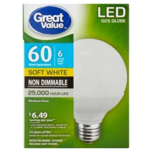 Great Value LED G25 Globe Soft White Medium Base 6 Watts Bulb