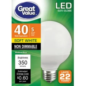 Great Value LED Light Bulb, 5W (40W Equivalent) G25 Lamp E26 Medium Base, Dimmable, Soft White