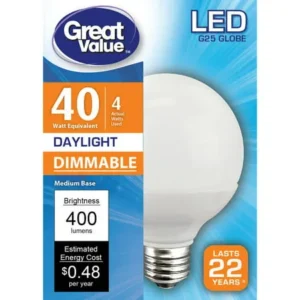 Great Value LED Light Bulb, 4W (40W Equivalent) G25 Globe Lamp E26 Medium Base, Dimmable, Daylight