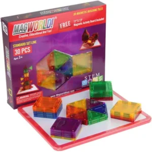 MagWorld Toys Rainbow 3D Magnetic Building Tiles, 30 Pieces with Activity Board