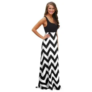 Women's Summer Boho Chevron Long Maxi Dress Evening Cocktail Beach Tank Dress Sundresses - XS