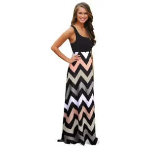 Women Summer Bohemian Empire Waist Chevron Pattern Scoop Neck Tank Maxi Evening Dresses -XS