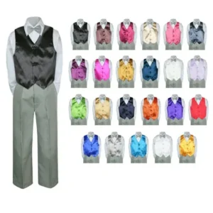 4PC Shirt Gray Pants Satin Vest Set Baby Boy Toddler Kid Formal Party Suit Sm-7