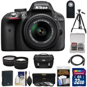 Nikon D3300 Digital SLR Camera & 18-55mm G VR DX II AF-S Zoom Lens (Black) with 32GB Card + Battery + Case + Tripod + Tele/Wide Lens Kit