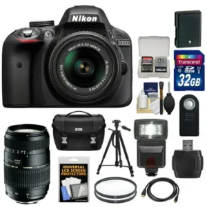 Nikon D3300 Digital SLR Camera & 18-55mm G VR DX II AF-S Zoom Lens (Black) with 70-300mm Lens + 32GB Card + Battery + Case + Filters + Flash + Tripod + Accessory Kit