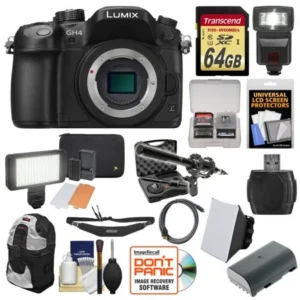 Panasonic Lumix DMC-GH4 4K Micro Four Thirds Digital Camera Body with 64GB Card + Backpack + Flash + Battery + Microphone + LED Light Kit