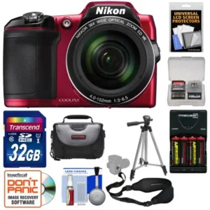 Nikon Coolpix L840 Wi-Fi Digital Camera (Red) - Factory Refurbished with 32GB Card + Batteries & Charger + Case + Tripod + Strap + Kit