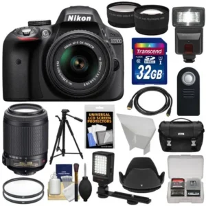 Nikon D3300 Digital SLR Camera & 18-55mm G VR DX II (Black) with 55-200mm VR II Lens + 32GB + Case + Tripod + Flash + LED Light + Tele/Wide Lens Kit