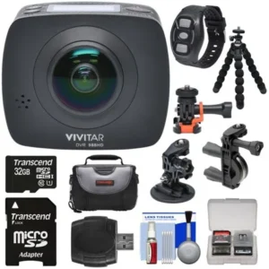 Vivitar DVR988HD 360 VR Wi-Fi Action Video Camera Camcorder (Black) with Remote + Action Mounts + Flex Tripod + 32GB Card + Case + Reader + Kit