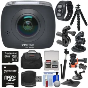 Vivitar DVR988HD 360 VR Wi-Fi Action Video Camera Camcorder (Black) with Remote + Action Mounts + Flex Tripod + 64GB Card + Case + Selfie Stick + Kit