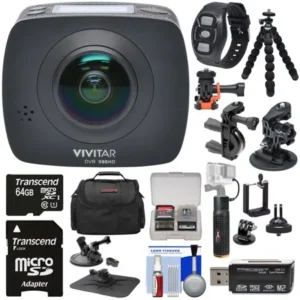 Vivitar DVR988HD 360 VR Wi-Fi Action Video Camera Camcorder (Black) with Remote + Action Mounts + Flex Tripod + 64GB Card + Case + Battery Hand Grip + Kit