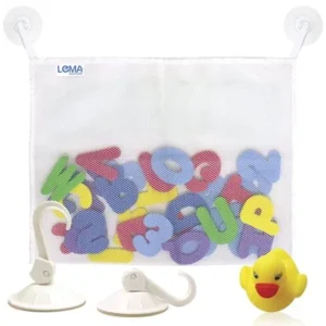 Bath Toy Organizer by Lema goods - Toy Storage Mesh Bag with 2 Strong Hooked Suction Cups and 1 Mini Rubber Duck for Baby Bathtime Fun - Shower Caddy Toys Holder Net - Mold Resistant, Large, White