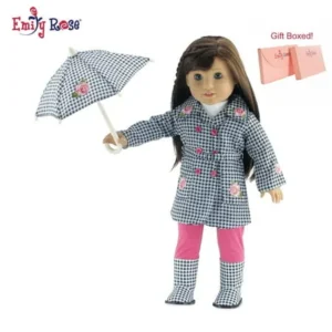 18 Inch Doll Clothes | Lovely 5-Piece Raincoat Outfit with Rose Embellishments, Including Matching Boots and Umbrella, White Long Sleeved T-Shirt and Bright Pink Leggings | Fits American Girl Dolls
