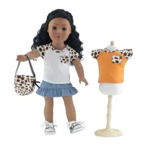 18 Inch Doll Clothes | Blue Denim Ruffled Skirt Value Set, Includes Skirt, 2 Short Sleeved T-Shirts with Cheetah Print Sleeves, Matching Cheetah Print Sneakers and Purse | Fits American Girl Dolls