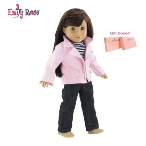 18 Inch Doll Clothes | Stylish Pink Faux Leather Crop Jacket Outfit, Includes Jeans and Striped Long Sleeved T-Shirt | Fits American Girl Dolls