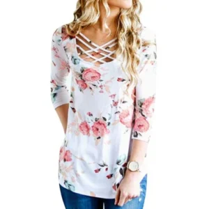 WLLW Women Long Sleeve Criss Cross Round Neck Floral Print Tops