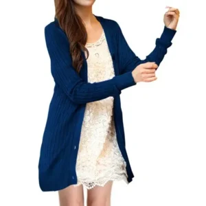 Women's Pure Color Single-Breasted Front Blue Cardigan (Size S / 4)