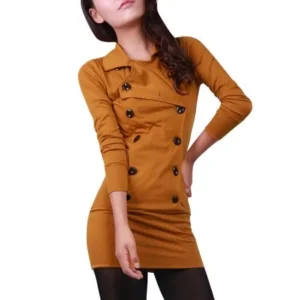 Unique Bargains Women's Long Sleeve Button Up Short Dress Brown (Size M / 8)