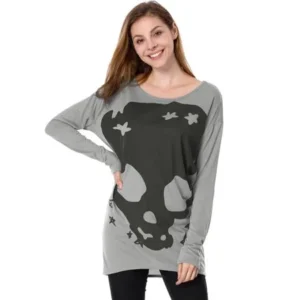 Women's Long Sleeve Loose Pullover T-shirts Gray (Size M / 8)