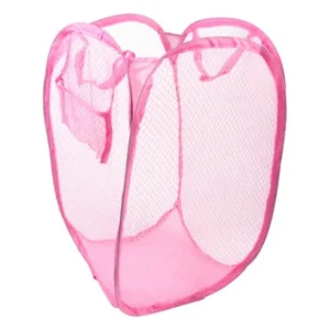 Unique Bargains Foldable Meshy Design Washing Clothes Bra Laundry Basket Bin Hamper Pink