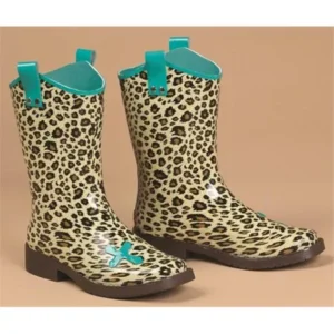 Blazin Roxx 58128-XS Girls Piper Leopard Cross Square Toe Rain Boots, Brown & Turquoise - Extra Lage