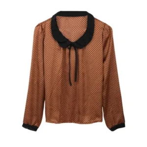 Women Peter Pan Collar Long Sleeves Dots Top