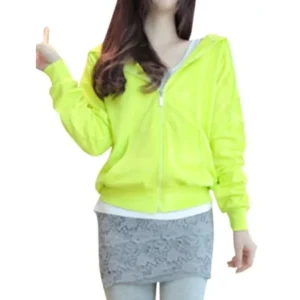 Lady Long Sleeve Double Slant Pockets Front Zip Up Hoodies Green Yellow XS