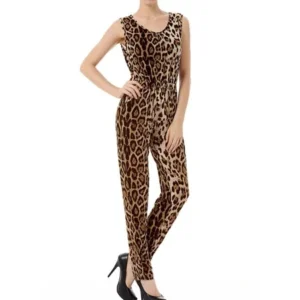 Women's Sleeveless Leopard Prints Casual Jumpsuits Pants Brown (Size XL / 16)